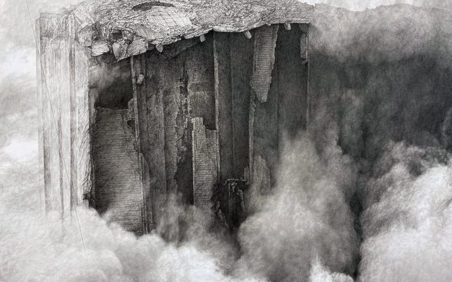 charcoal, graphite, and acrylic on panel, 48