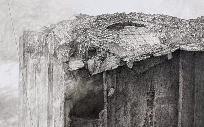 charcoal, graphite, and acrylic on panel, 48