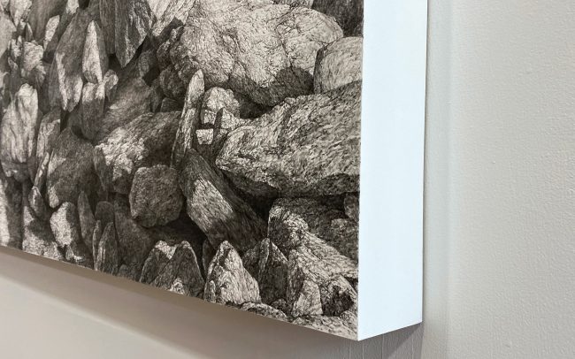 charcoal, graphite, and acrylic on panel, 48